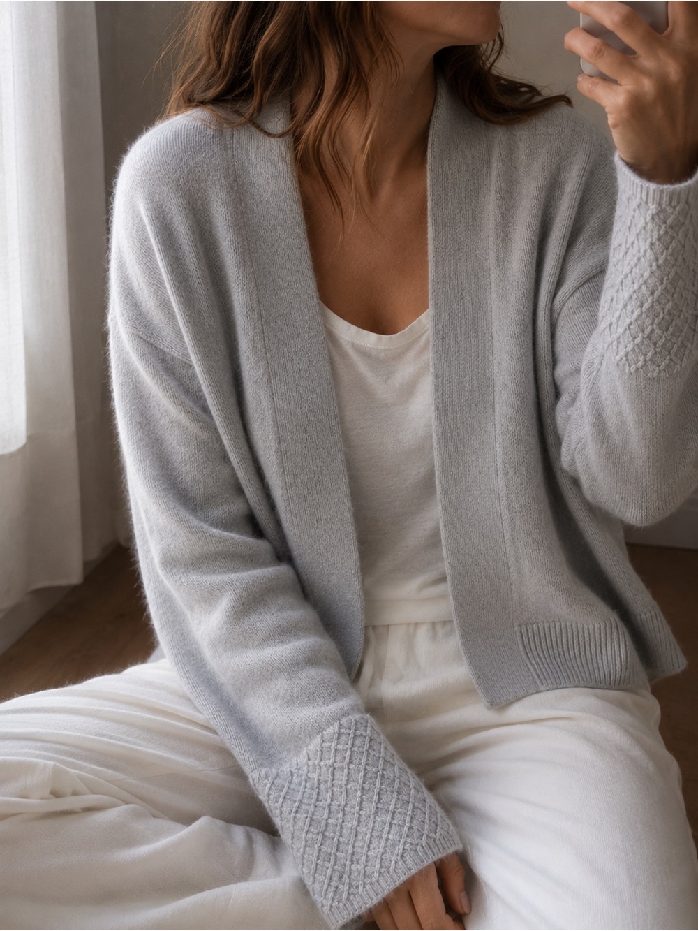 Kinross Cashmere 100% Cashmere Open Front Cardigan – Heather Grey – XS